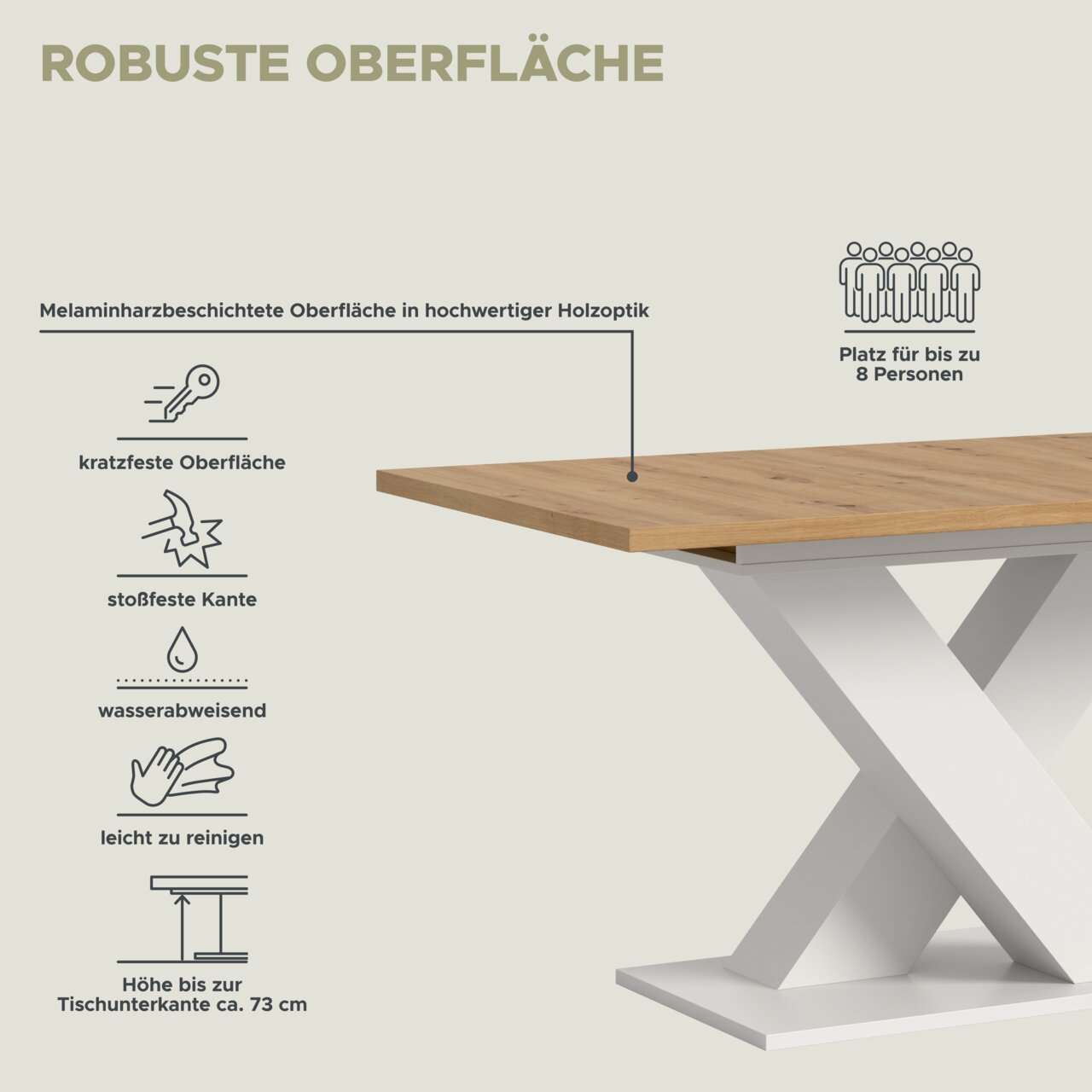 Esstisch mit robuster, melaminharzbeschichteter Holzoptik-Oberfläche, kratzfest, stoßfest, wasserabweisend und leicht zu reinigen, seitliche Perspektive