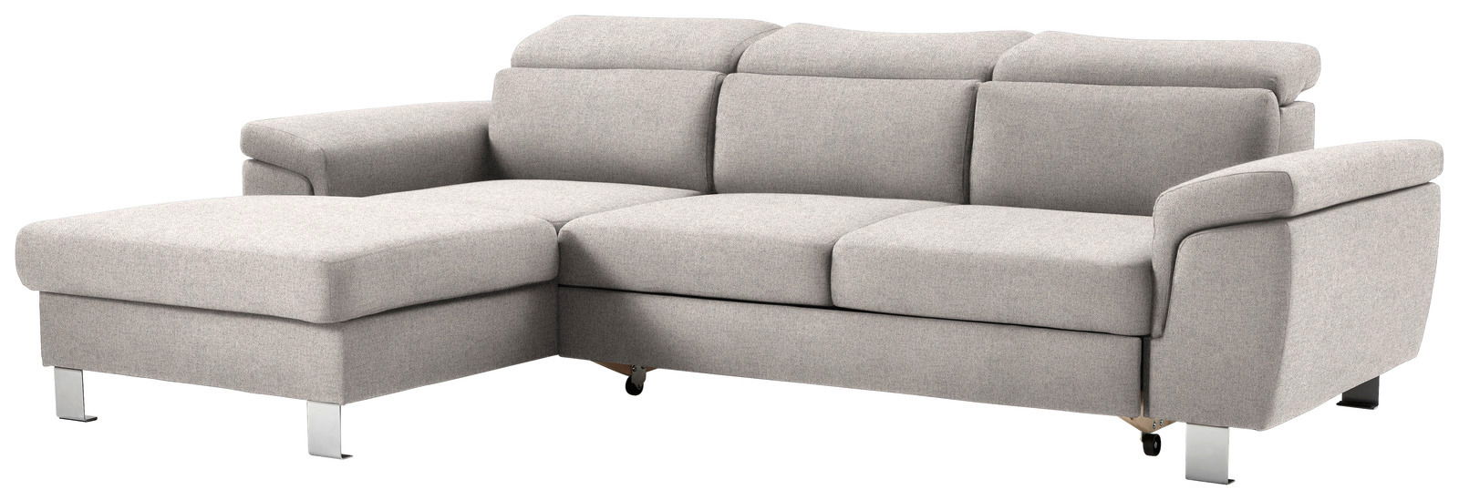 Graues Ecksofa mit linker Ottomane, moderne Metallfüße, Vorderansicht