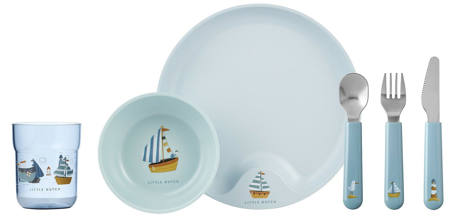 Kindergeschirr-Set Mio 6-tlg. in Blau mit maritimen Motiven, bestehend aus Teller, Schüssel, Becher und Besteck, aus der Frontalperspektive.