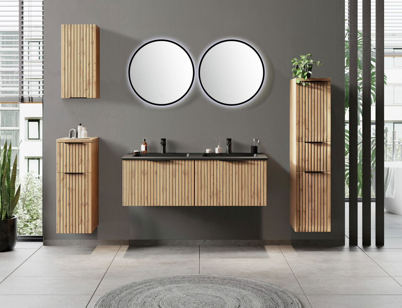 Modernes Waschtisch-Set aus Holz mit zwei runden Spiegeln, frontal betrachtet.
