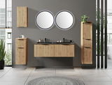 Modernes Waschtisch-Set aus Holz mit zwei runden Spiegeln, frontal betrachtet.