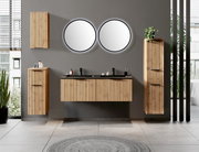Modernes Waschtisch-Set aus Holz mit zwei runden Spiegeln, frontal betrachtet.