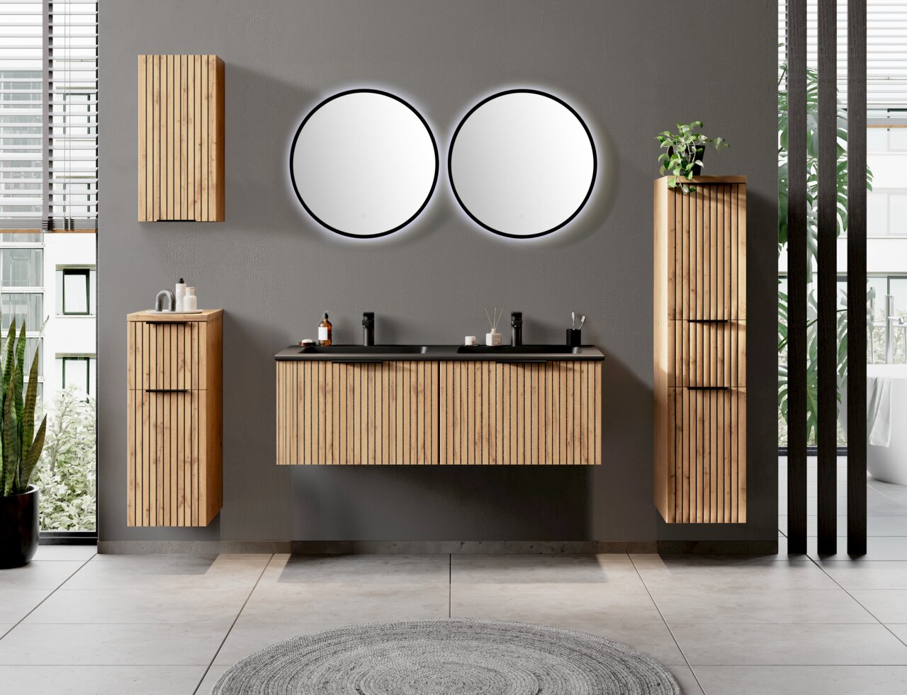 Modernes Waschtisch-Set aus Holz mit zwei runden Spiegeln, frontal betrachtet.