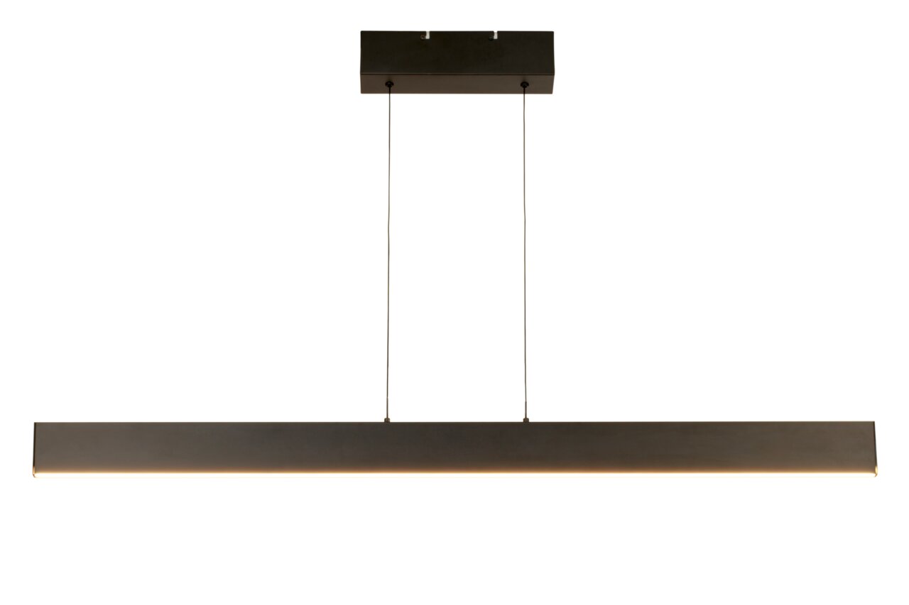 Moderne LED-Hängeleuchte in rechteckiger Form, frontal betrachtet, mit schwarzem Gehäuse und zwei Aufhängungen.