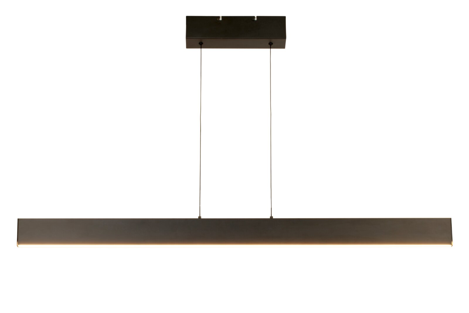 Moderne LED-Hängeleuchte in rechteckiger Form, frontal betrachtet, mit schwarzem Gehäuse und zwei Aufhängungen.
