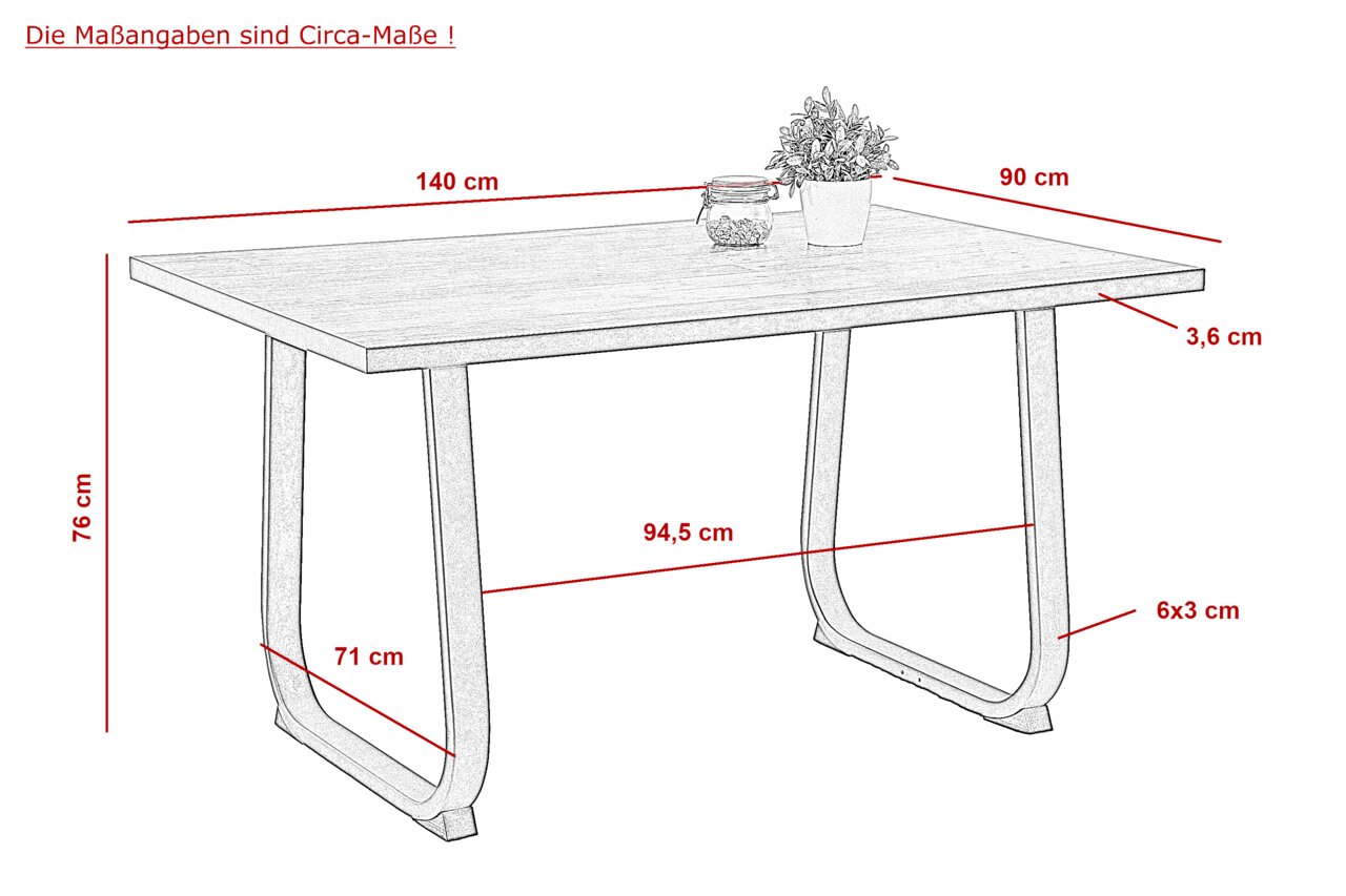 Esstisch Luise mit rechteckiger Tischplatte, Maße 140x90 cm, Höhe 76 cm, seitliche Perspektive mit Dekoration.