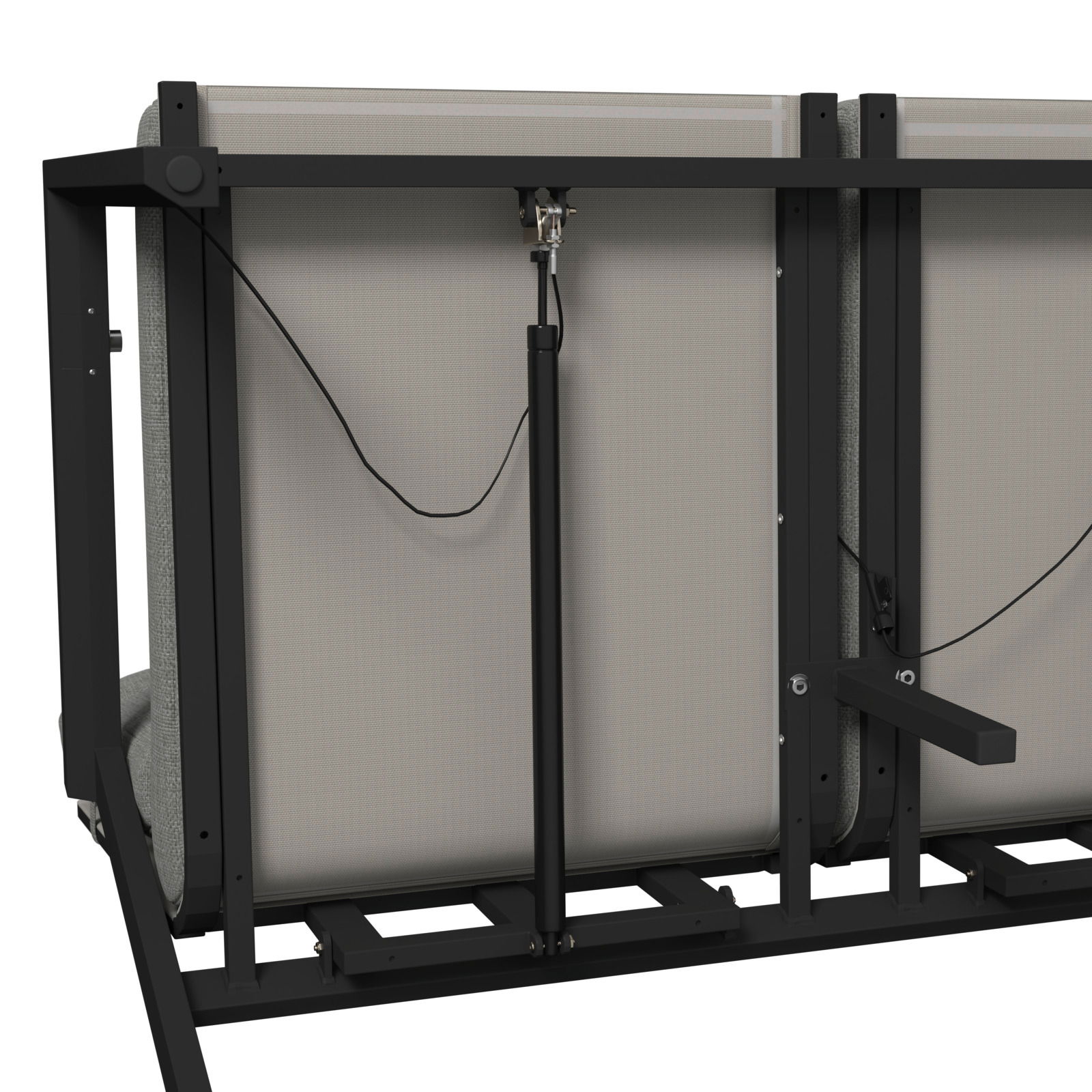 Rückansicht einer Gartenbank mit Metallrahmen und Polsterung, zeigt die Mechanik und Kabelverbindungen.