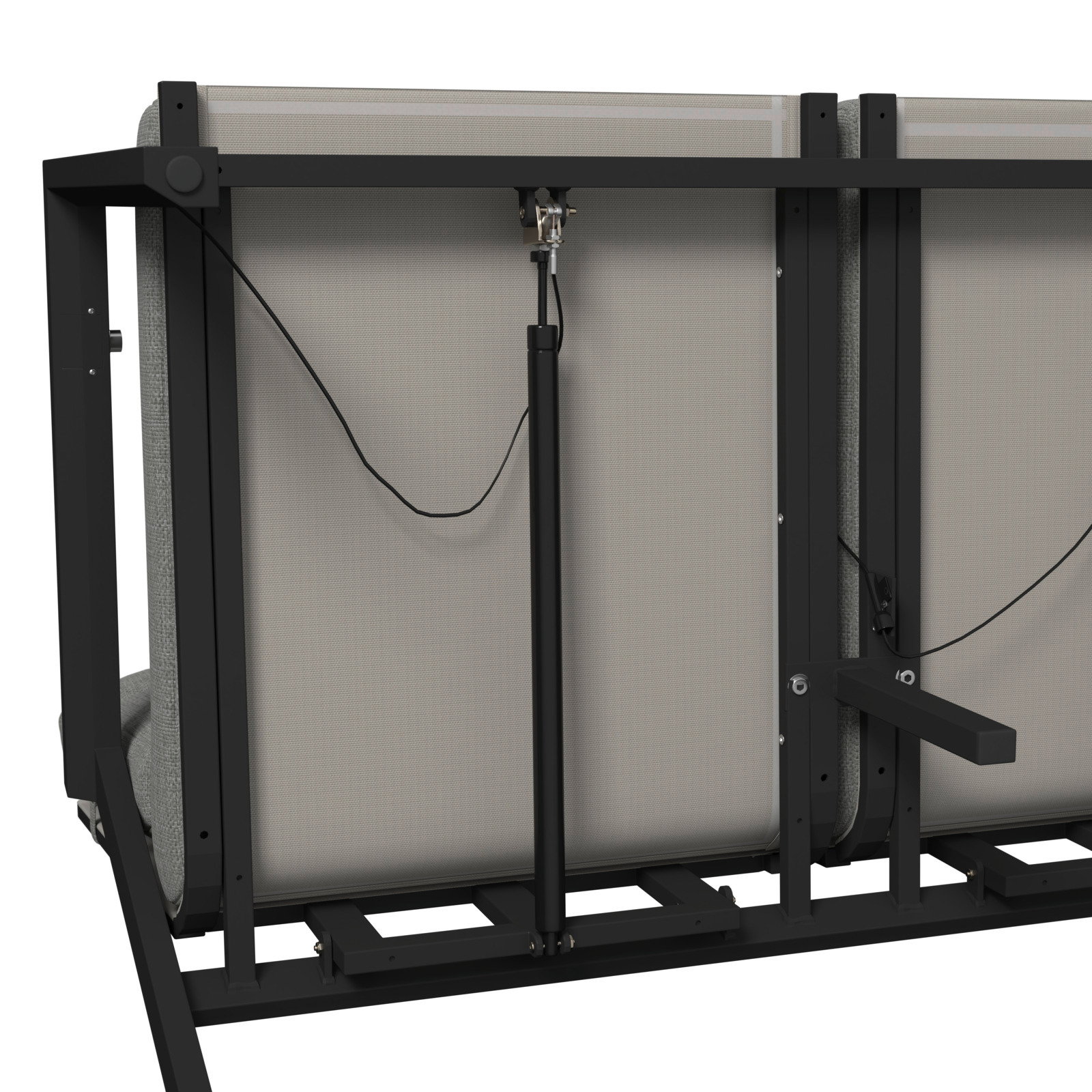 Rückansicht einer Gartenbank mit Metallrahmen und Polsterung, zeigt die Mechanik und Kabelverbindungen.