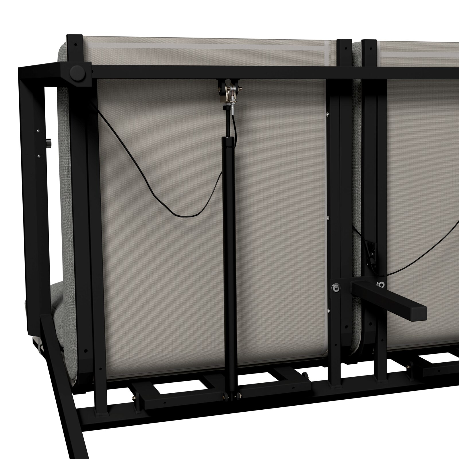 Achterkant van een tuinbank met metalen frame en bekleding; hierop zijn het mechanisme en de kabelverbindingen te zien.