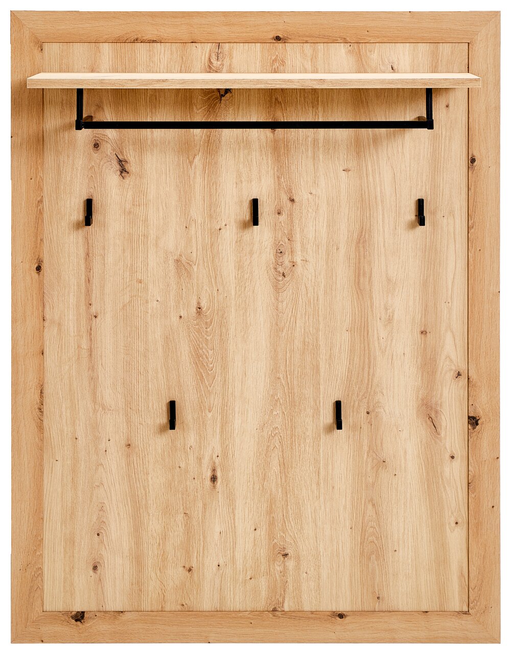 Holz-Wandpaneel mit Haken und Ablage, Frontalansicht