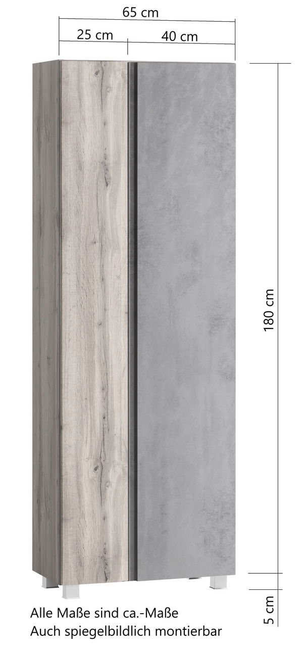 Hochschrank 65 cm mit Holz- und Betonoptik, Frontansicht