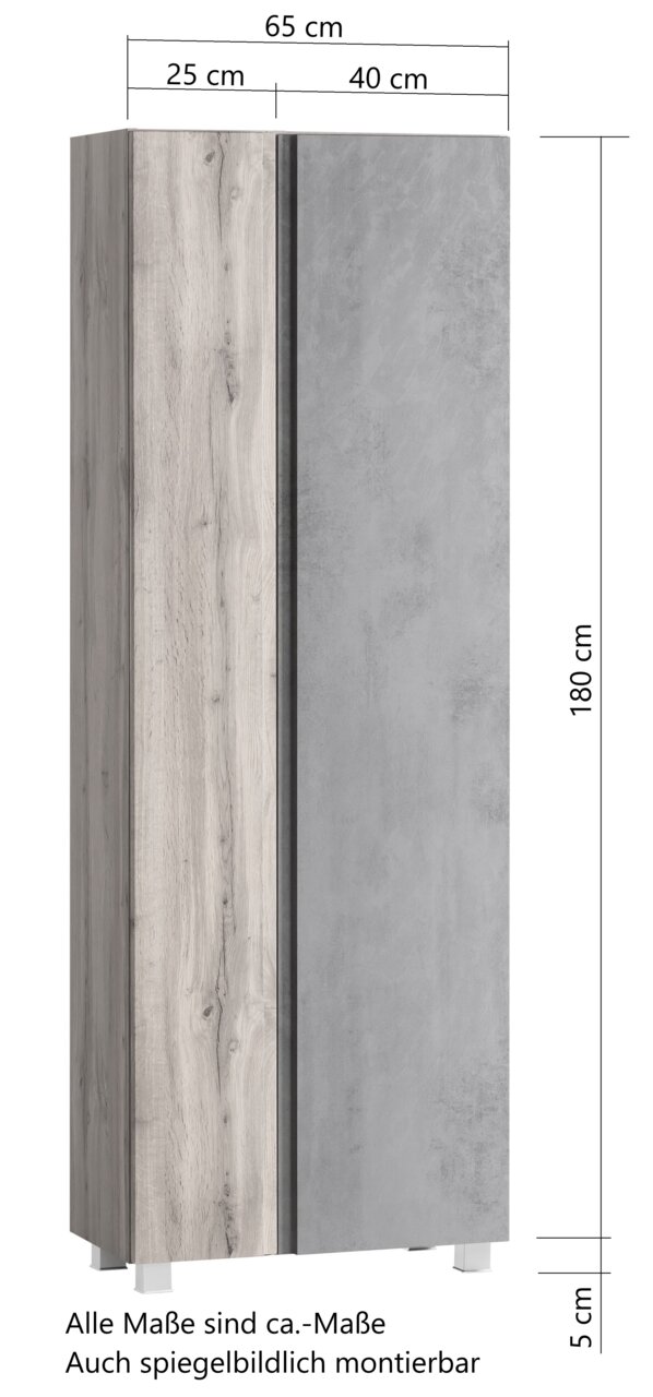 Hochschrank 65 cm mit Holz- und Betonoptik, Frontansicht