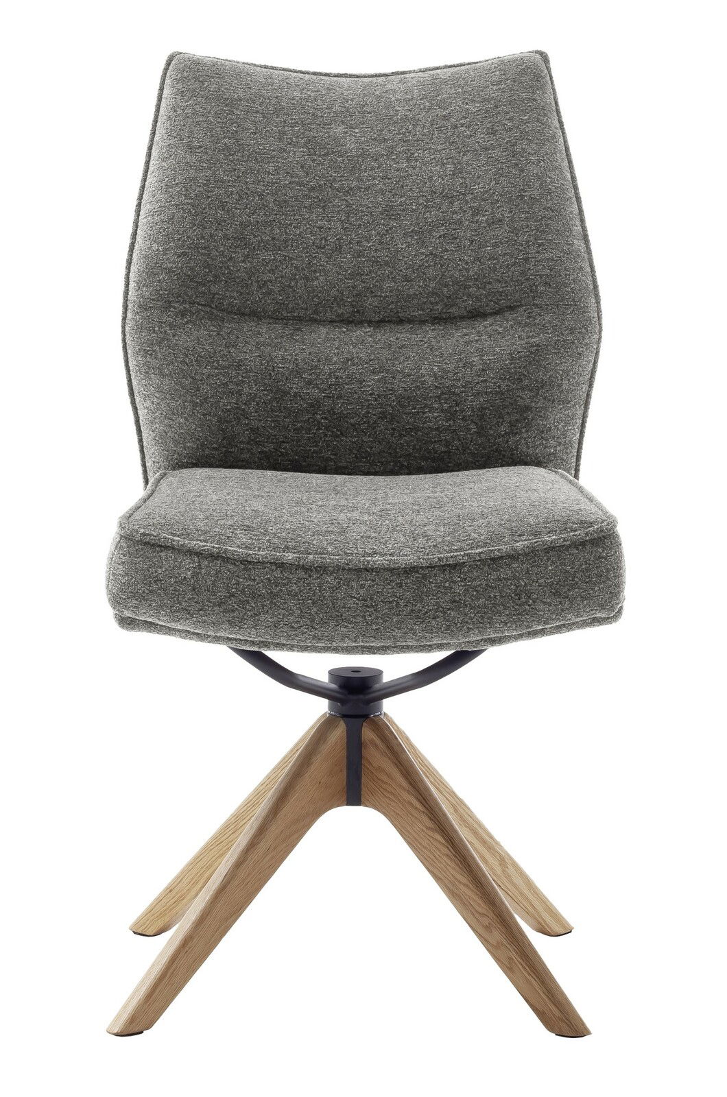 Grauer Stuhl mit gepolsterter Rückenlehne und Sitzfläche, Holzbeine, Frontalansicht