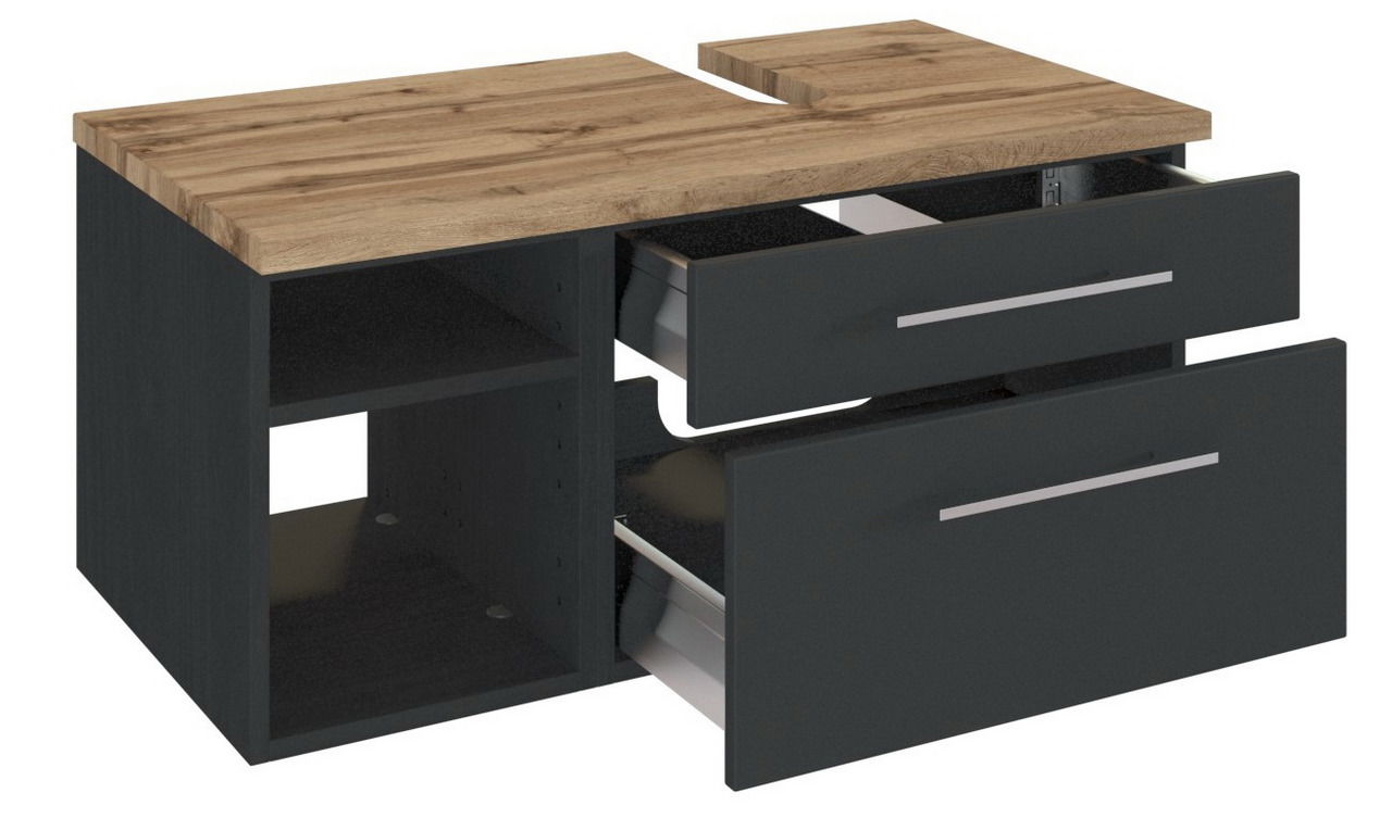 Moderner Waschtischunterschrank mit zwei Schubladen und offenem Regal, Ansicht von vorne rechts