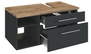 Moderne wastafelonderkast met twee lades en een open plank, aanzicht van rechts vooraan