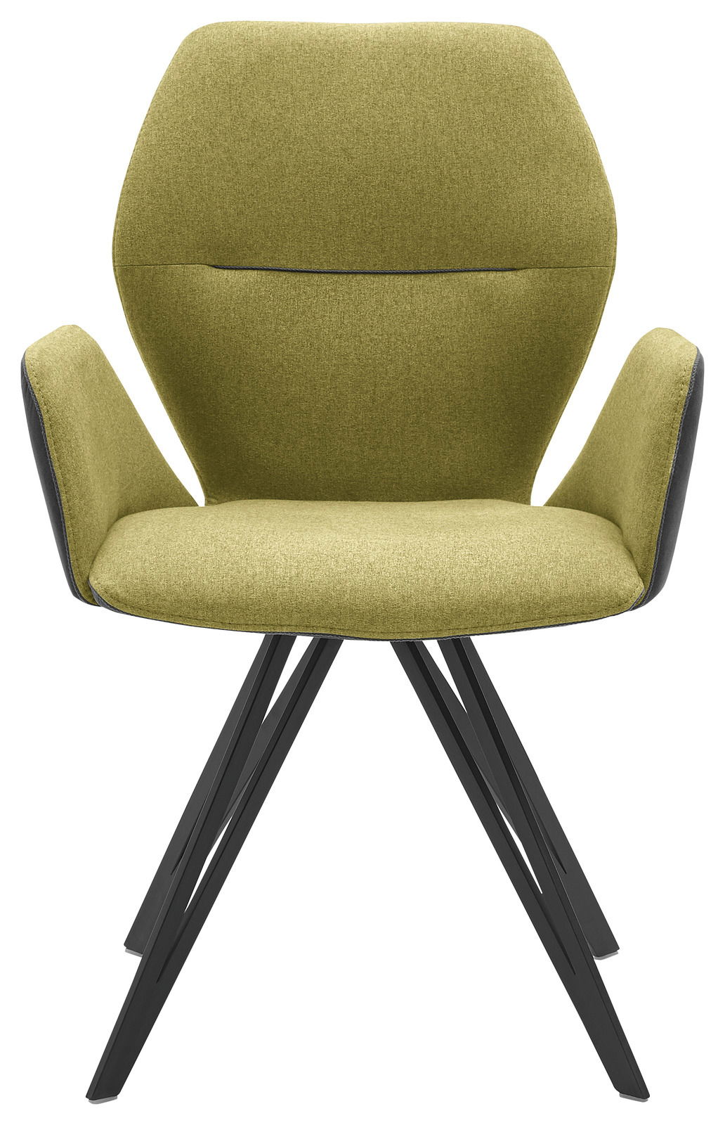 Grüner Armlehnenstuhl mit schwarzem Metallgestell, Vorderansicht