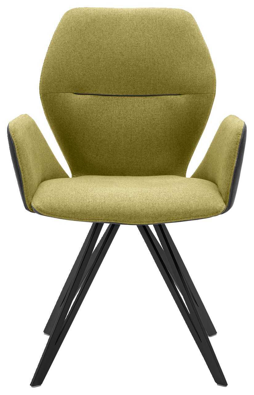 Grüner Armlehnenstuhl mit schwarzem Metallgestell, Vorderansicht