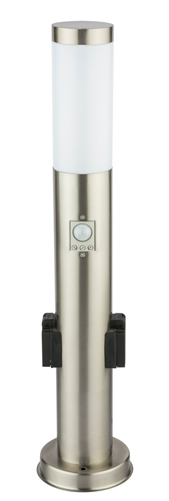 Moderne Edelstahl-Außenleuchte mit zylindrischem Design und Steckdosen, frontal abgebildet.