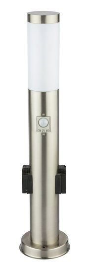 Moderne Edelstahl-Außenleuchte mit zylindrischem Design und Steckdosen, frontal abgebildet.