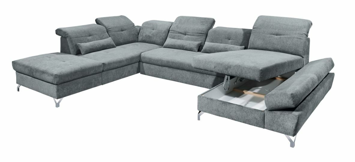 Graues Ecksofa in U-Form mit verstellbaren Kopfstützen und ausziehbarem Bettkasten, Perspektive von vorne rechts