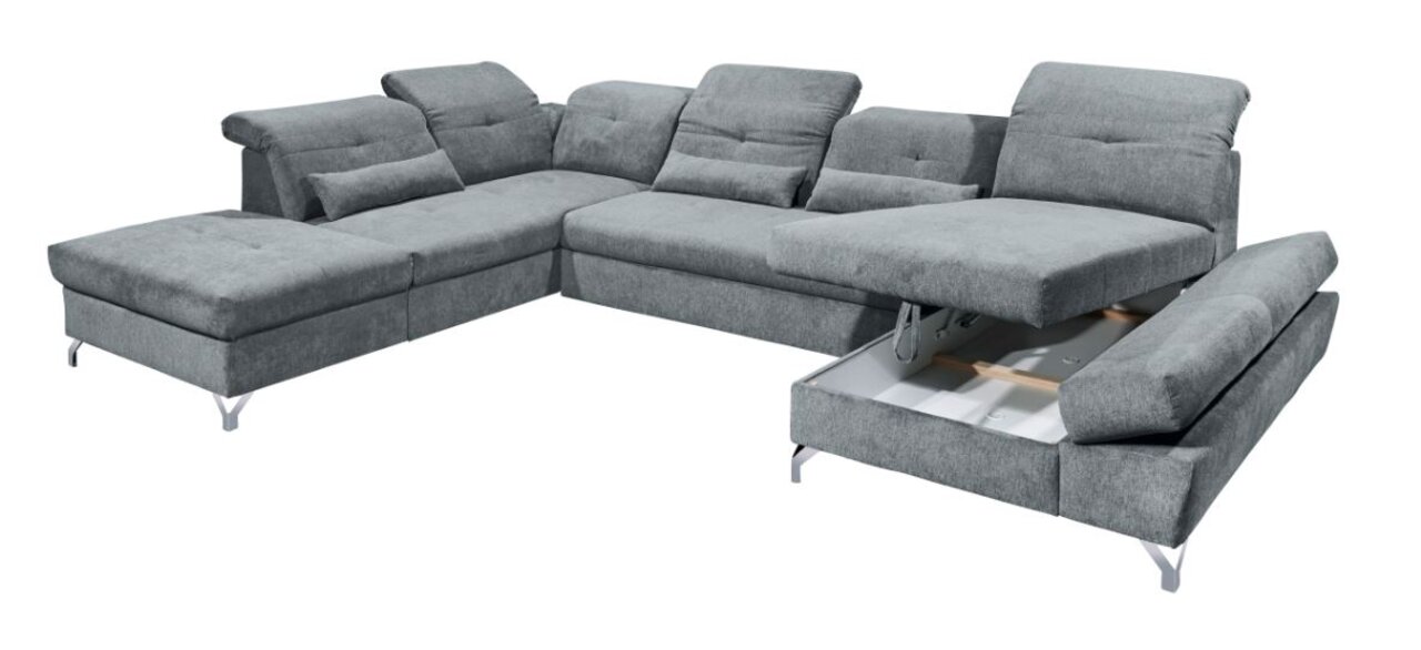 Graues Ecksofa in U-Form mit verstellbaren Kopfstützen und ausziehbarem Bettkasten, Perspektive von vorne rechts