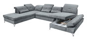 Graues Ecksofa in U-Form mit verstellbaren Kopfstützen und ausziehbarem Bettkasten, Perspektive von vorne rechts