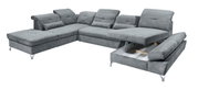 Graues Ecksofa in U-Form mit verstellbaren Kopfstützen und ausziehbarem Bettkasten, Perspektive von vorne rechts