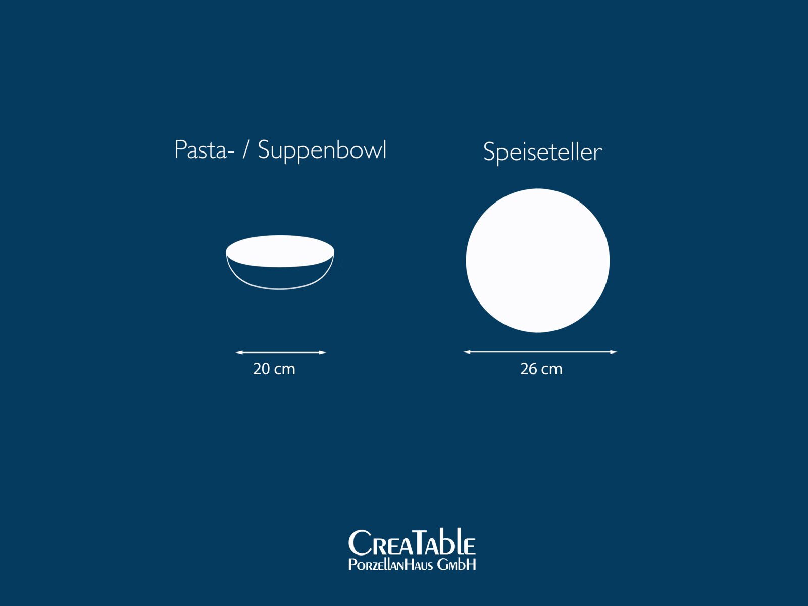 Grafische Darstellung der Größen: Pasta-/Suppenbowl mit 20 cm Durchmesser in Seitenansicht und Speiseteller mit 26 cm Durchmesser in Draufsicht auf blauem Hintergrund