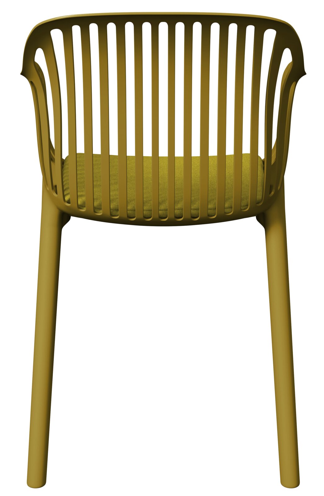 Rückansicht eines gelben Stapelsessels mit vertikalen Streben und gepolstertem Sitzkissen.