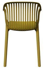 Rückansicht eines gelben Stapelsessels mit vertikalen Streben und gepolstertem Sitzkissen.