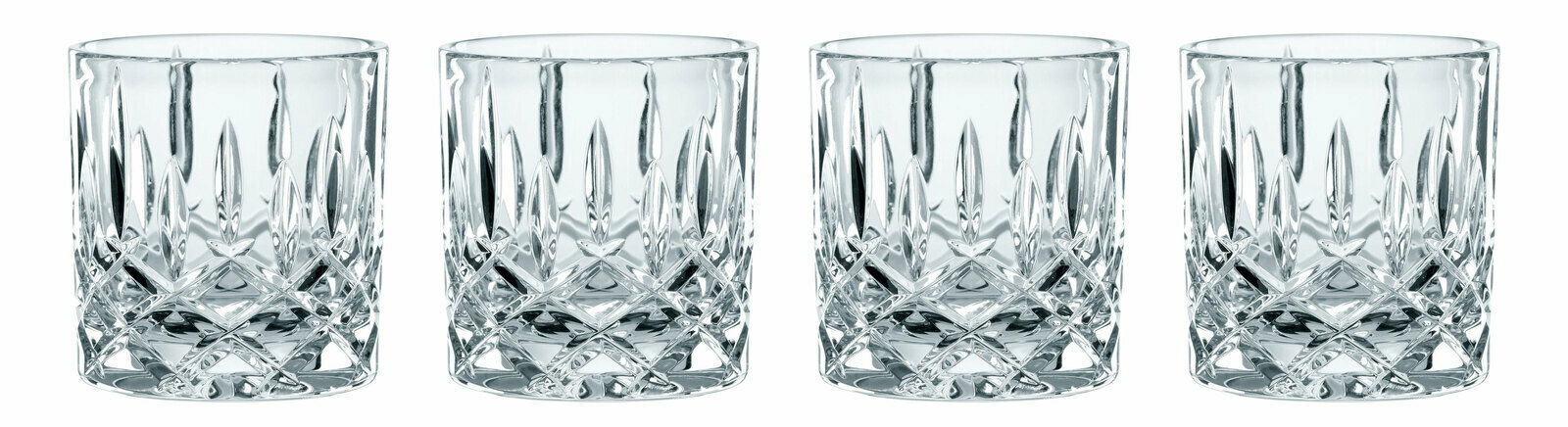 Vier elegante Kristallgläser im Set, frontal abgebildet, mit einem edlen Schliffmuster.