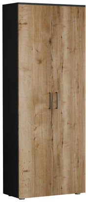 Hoher Schuhschrank mit Holzoptik und schwarzen Seiten, frontale Perspektive