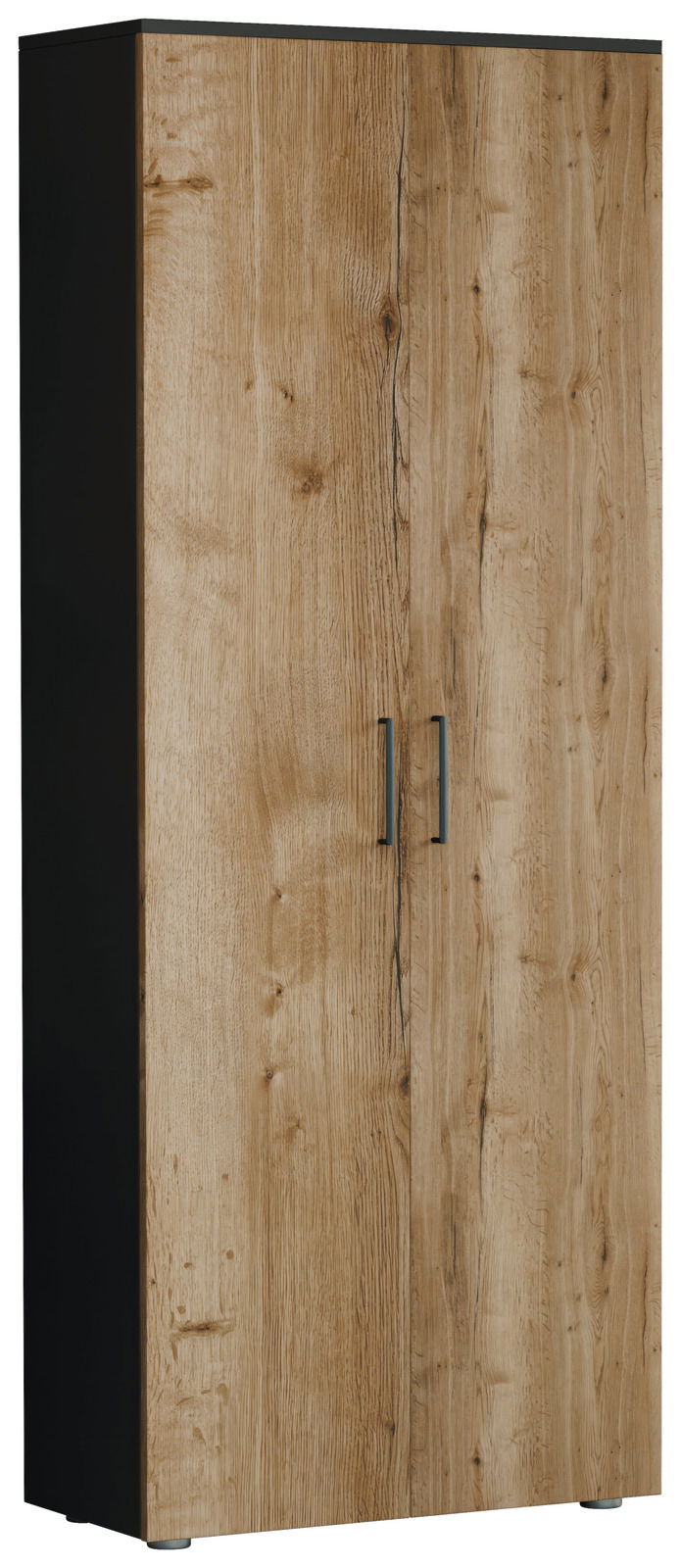Hoher Schuhschrank mit Holzoptik und schwarzen Seiten, frontale Perspektive
