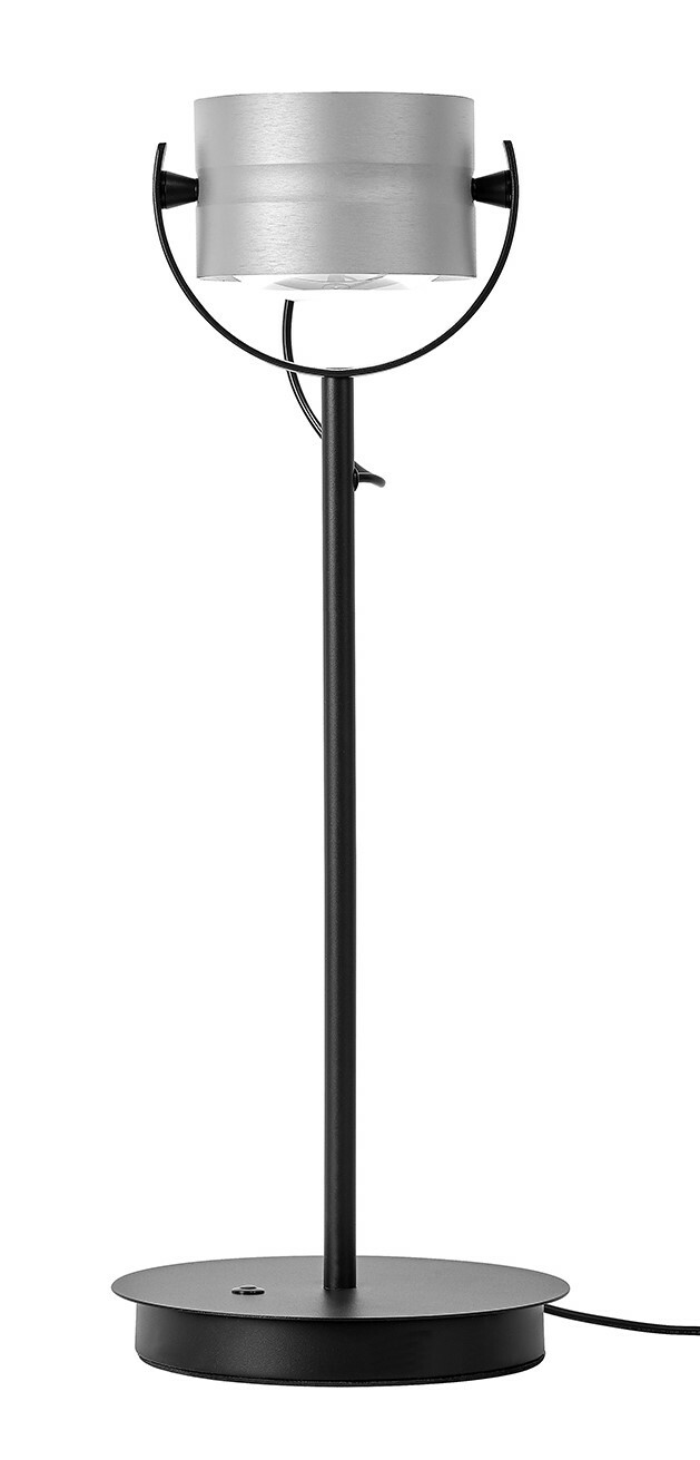 Elements by Bankamp LED-Tischleuchte ELEMENTS Moderne LED-Tischleuchte mit schwarzem Standfuß und silbernem Lampenschirm, seitliche Perspektive