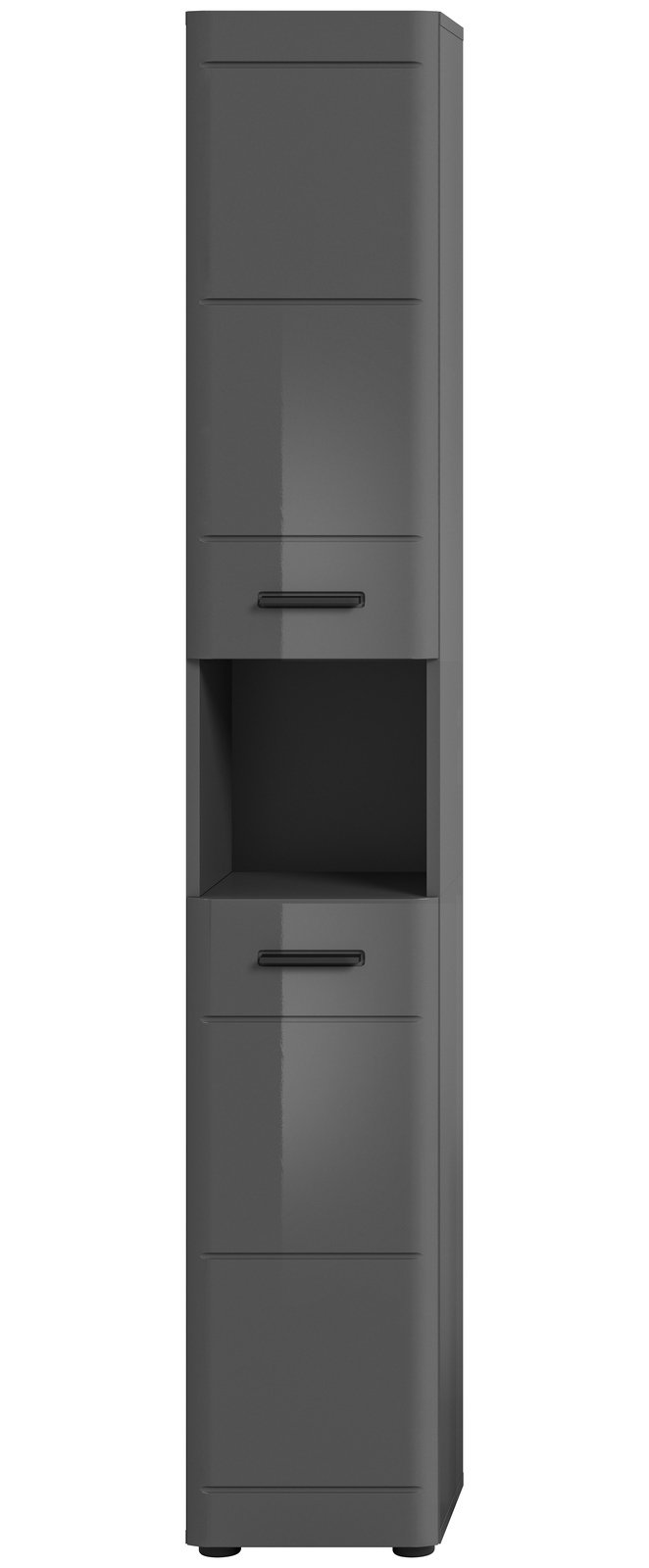 Moderner grauer Hochschrank mit mehreren Fächern und Griffen, Frontalansicht