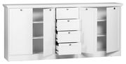 Weißes Sideboard mit offenen Türen und Schubladen, frontale Perspektive