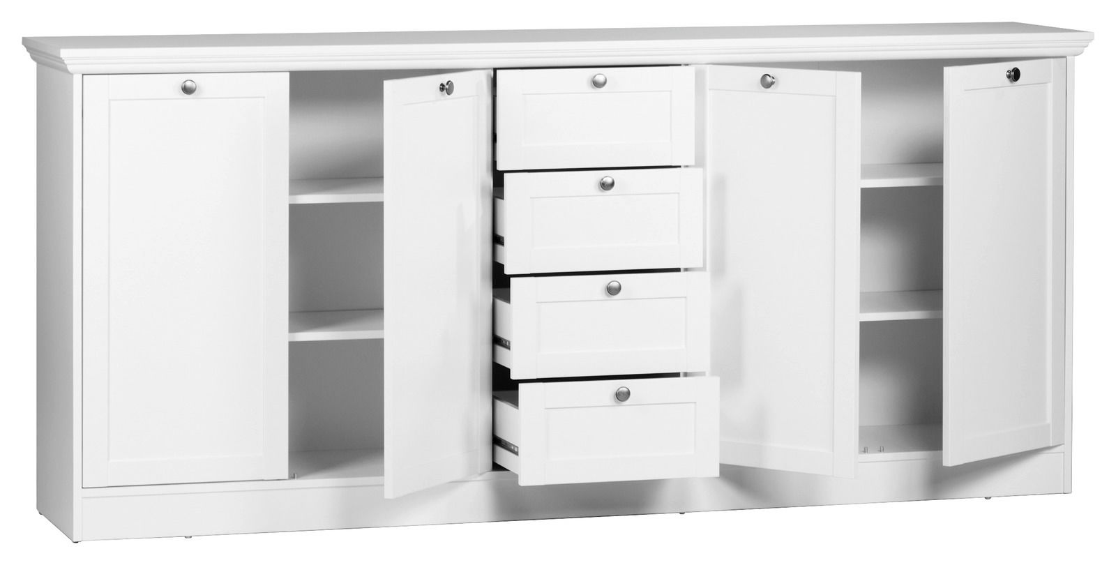 Weißes Sideboard mit offenen Türen und Schubladen, frontale Perspektive