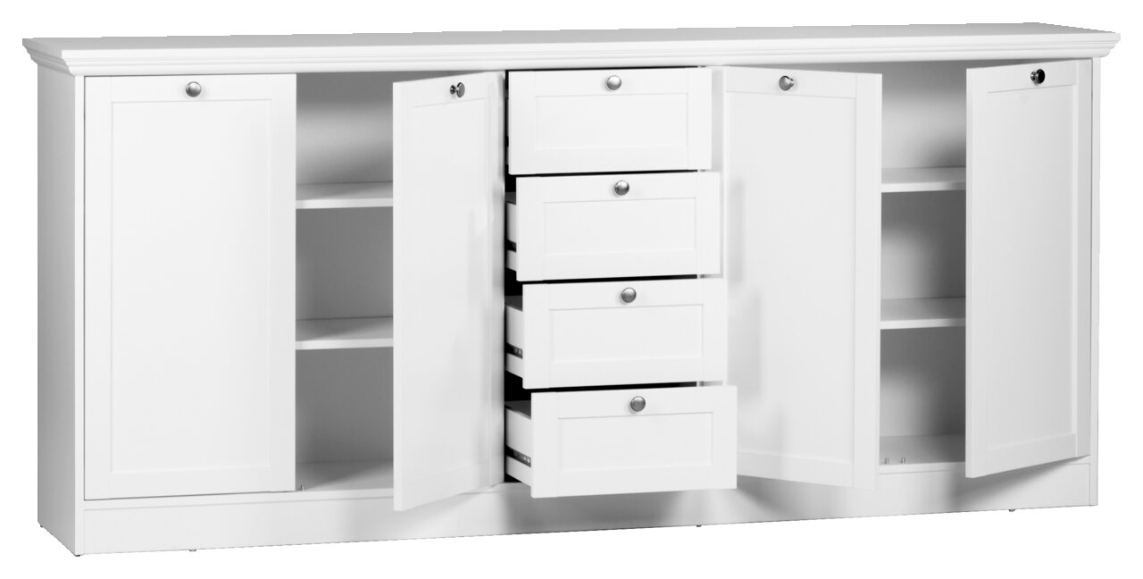 Z2 Sideboard LANDWOOD Weißes Sideboard mit offenen Türen und Schubladen, frontale Perspektive