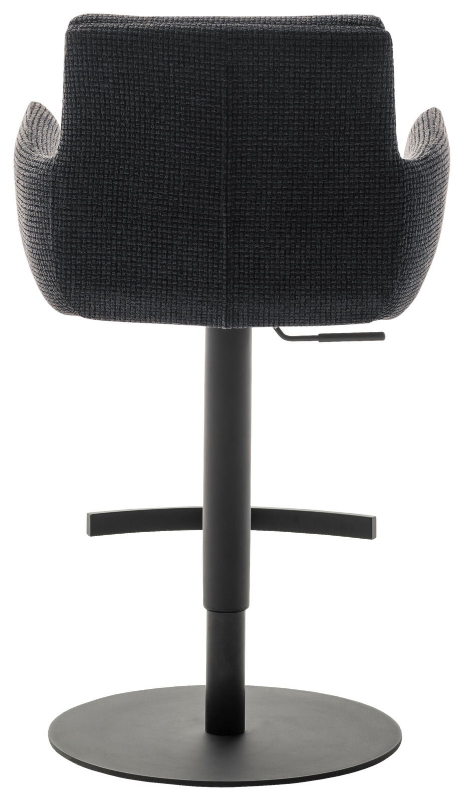 Rückansicht eines Barstuhls mit Armlehnen in dunklem Stoffbezug und schwarzem Metallfuß.