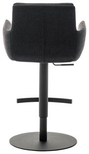 Rückansicht eines Barstuhls mit Armlehnen in dunklem Stoffbezug und schwarzem Metallfuß.