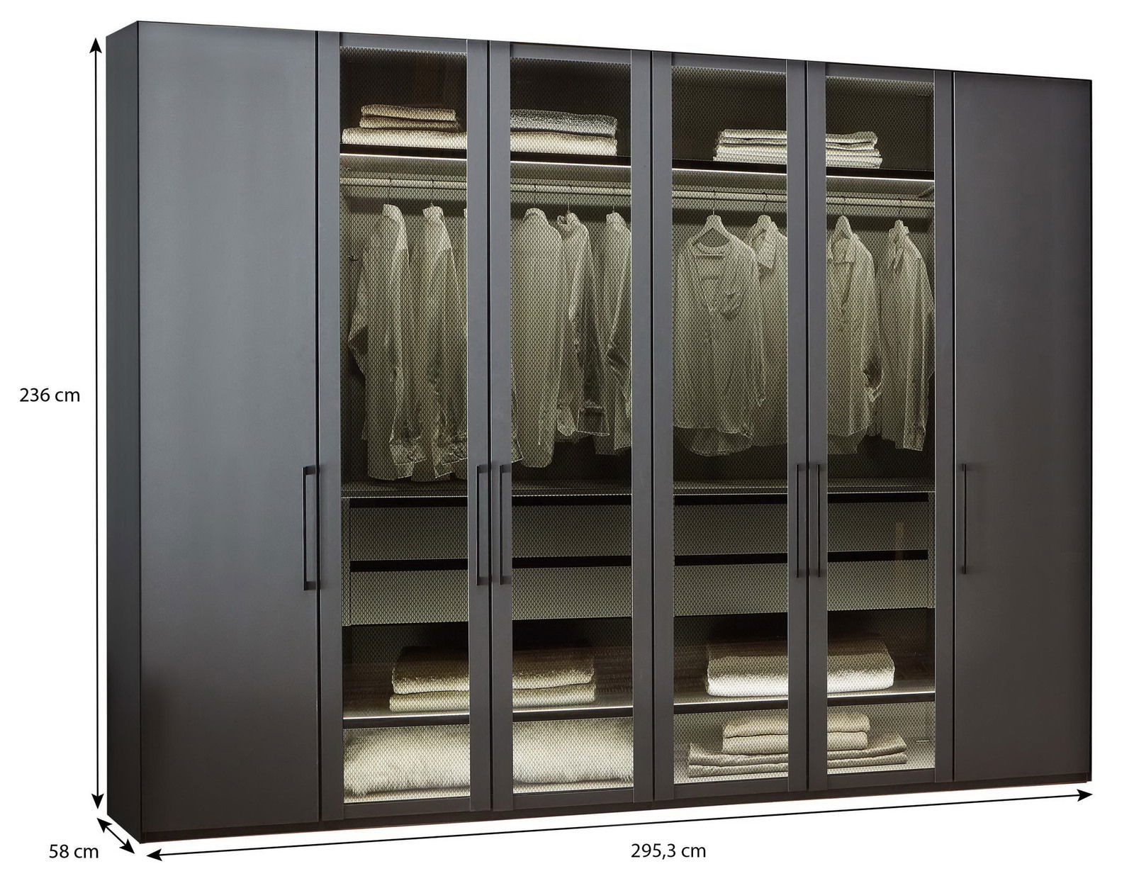 Drehtürenschrank 6-türig in dunkler Farbe, frontalansicht, mit Glastüren, zeigt hängende Kleidung und gefaltete Textilien, Maße 236 cm hoch, 295,3 cm breit, 58 cm tief.