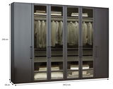 Drehtürenschrank 6-türig in dunkler Farbe, frontalansicht, mit Glastüren, zeigt hängende Kleidung und gefaltete Textilien, Maße 236 cm hoch, 295,3 cm breit, 58 cm tief.
