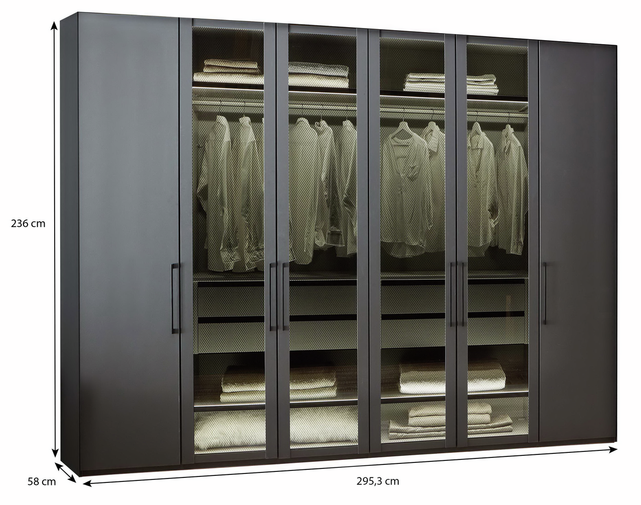 Drehtürenschrank 6-türig in dunkler Farbe, frontalansicht, mit Glastüren, zeigt hängende Kleidung und gefaltete Textilien, Maße 236 cm hoch, 295,3 cm breit, 58 cm tief.