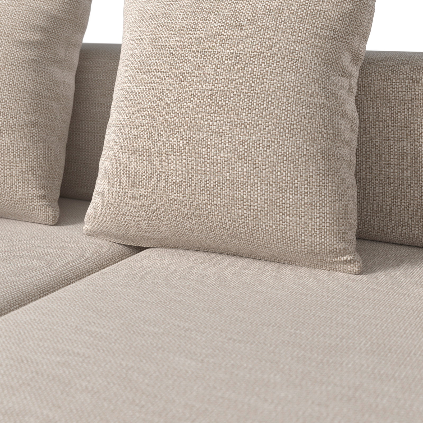 Nahaufnahme eines Lounge-Sets mit beigen Kissen und Textilbezug, Perspektive von vorne.