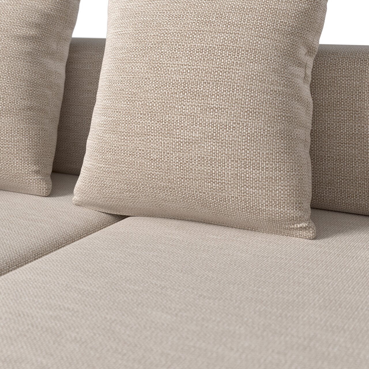 Nahaufnahme eines Lounge-Sets mit beigen Kissen und Textilbezug, Perspektive von vorne.