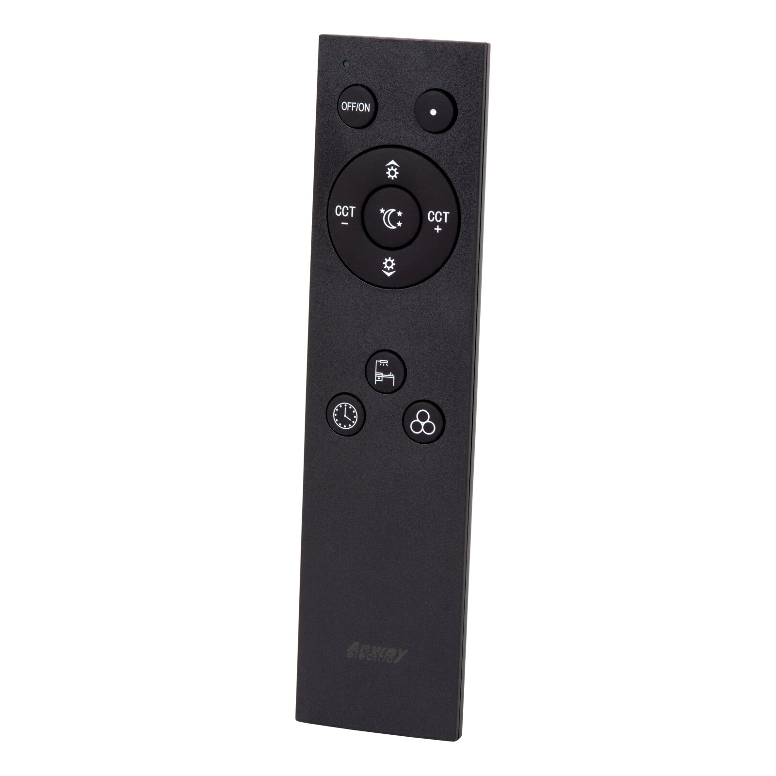 Schwarze LED-Fernbedienung mit Ein-/Aus-Taste, CCT+/CCT- und Dimm-/Nachtmodus-Symbolen, Frontansicht in leichter Schrägperspektive vor weißem Hintergrund