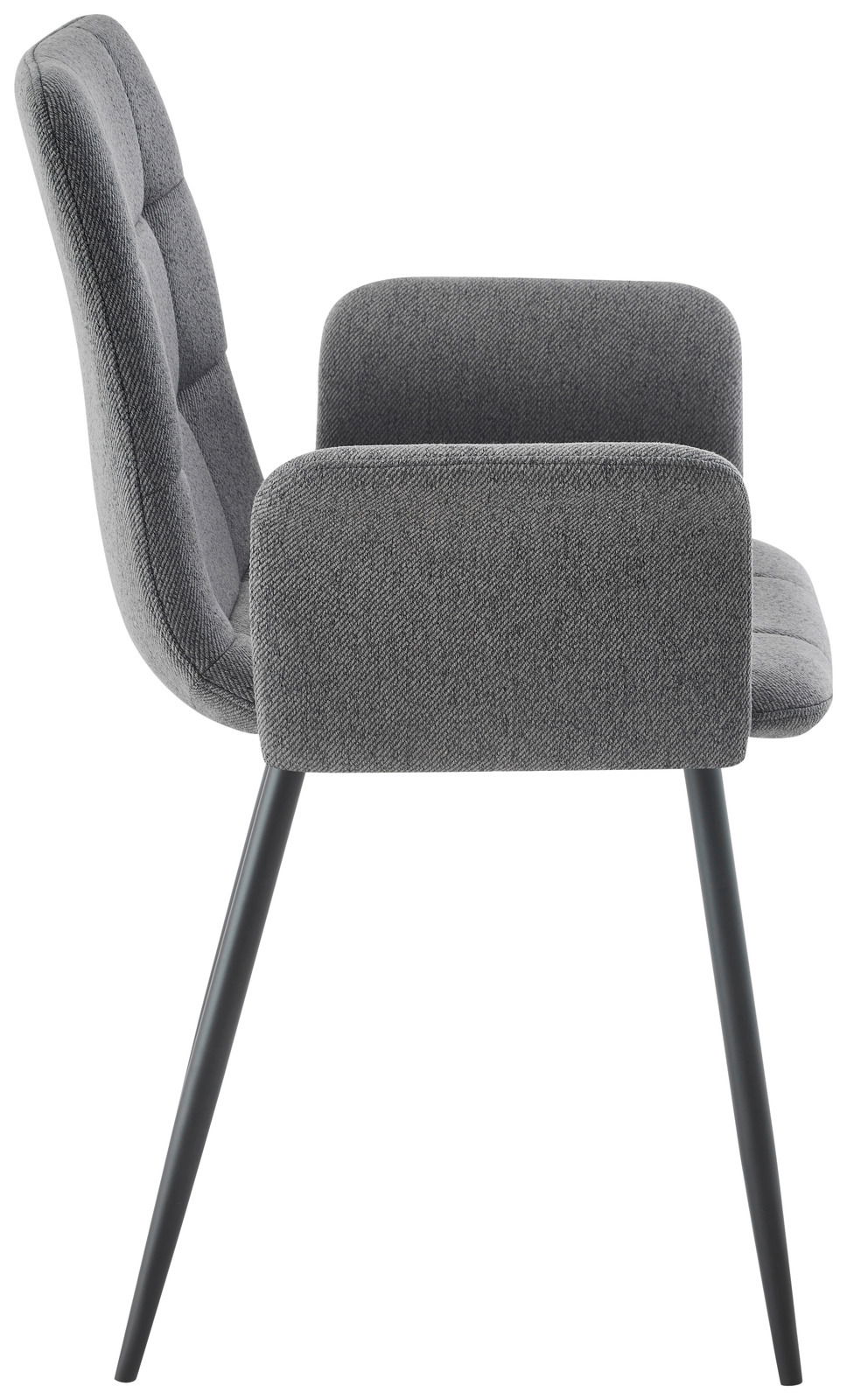Seitenansicht eines grauen Armlehnstuhls mit gepolsterter Rückenlehne und schlanken schwarzen Beinen.