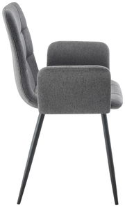 Seitenansicht eines grauen Armlehnstuhls mit gepolsterter Rückenlehne und schlanken schwarzen Beinen.