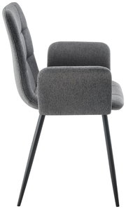 Seitenansicht eines grauen Armlehnstuhls mit gepolsterter Rückenlehne und schlanken schwarzen Beinen.