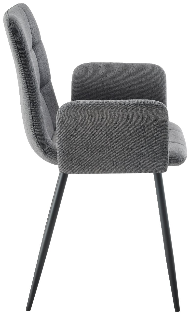 Seitenansicht eines grauen Armlehnstuhls mit gepolsterter Rückenlehne und schlanken schwarzen Beinen.